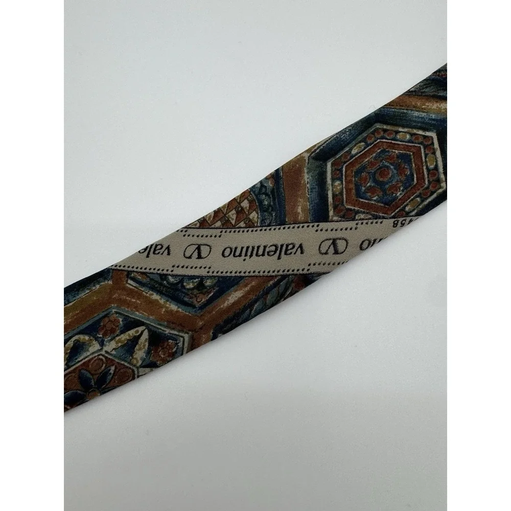 Vintage Valentino Silk Tie Geometric Medallion Brown Blue Necktie‎ Made in Italy